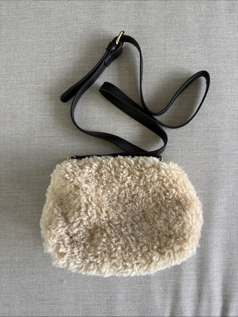 Anthropologie Cream Faux Shearling Crossbody with Black Strap